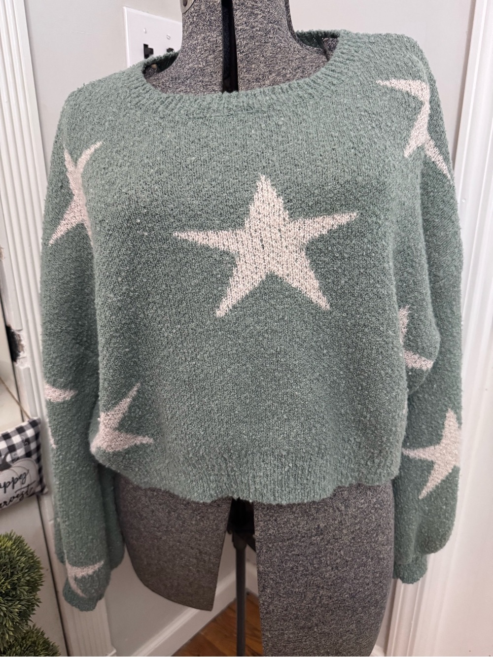 Women’s Altar’d State Cozy Star Pattern Crewneck Sweater - Sage Green Medium